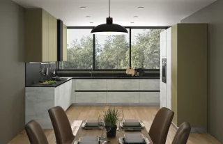 Mélaminé aspect béton décor gris et mélaminé vert cardamome